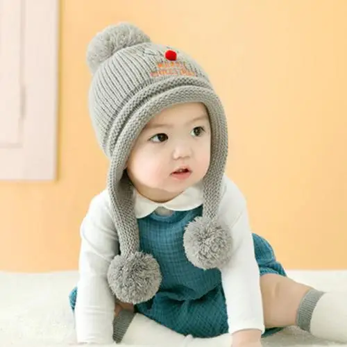 Милая шерстяная вязаная детская шапка с двойным помпоном с оленем, шапка с ушками, Рождественская теплая вязаная хлопковая шапочка, осенне-зимние теплые шапки - Цвет: Grey