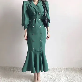 

Korean Vintage Double Breasted Long Suit Dress Women Puff Sleeve Notched Collar Belted Mermaid Dresses Vestido Mujer 2020 Spring