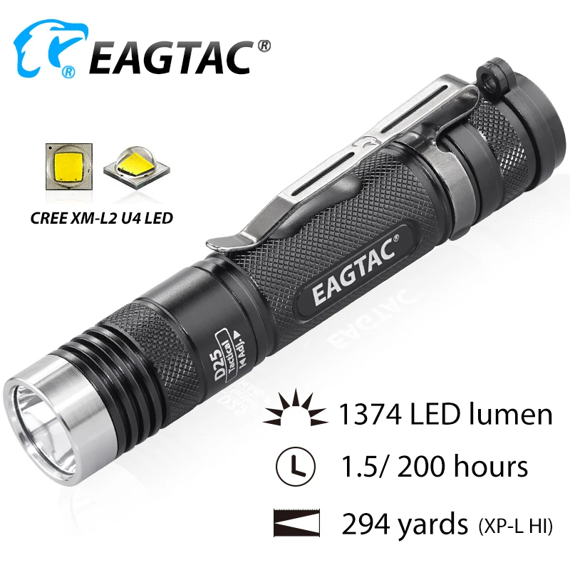 EAGTAC D25LC2 Tactical LED Flashlight 1374 Lumen 2xCR123A 18650 Battery Torch Tail Strobe Hunting Fishing Light