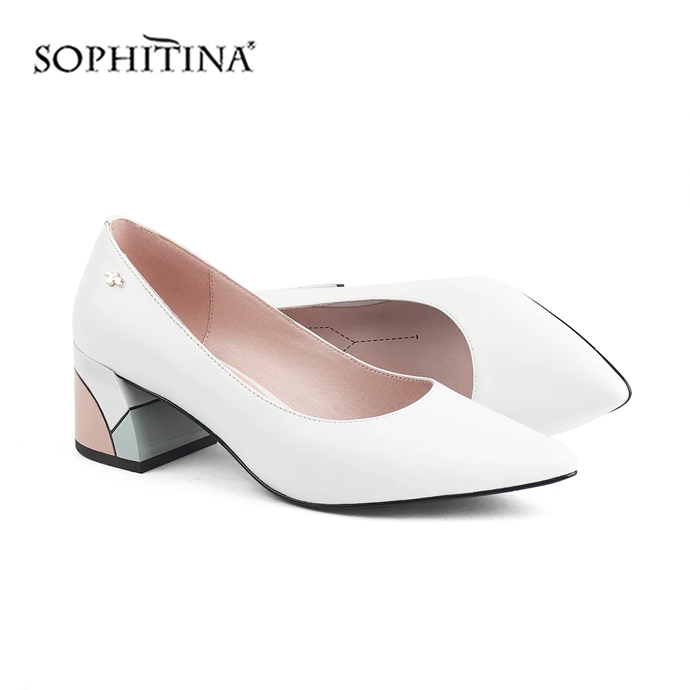 

SOPHITINA Sexy Pointed Toe Pumps High Quality Sheepskin Fashion Design Mixed Colored Square Heel Shoes New Women's Pumps PC567