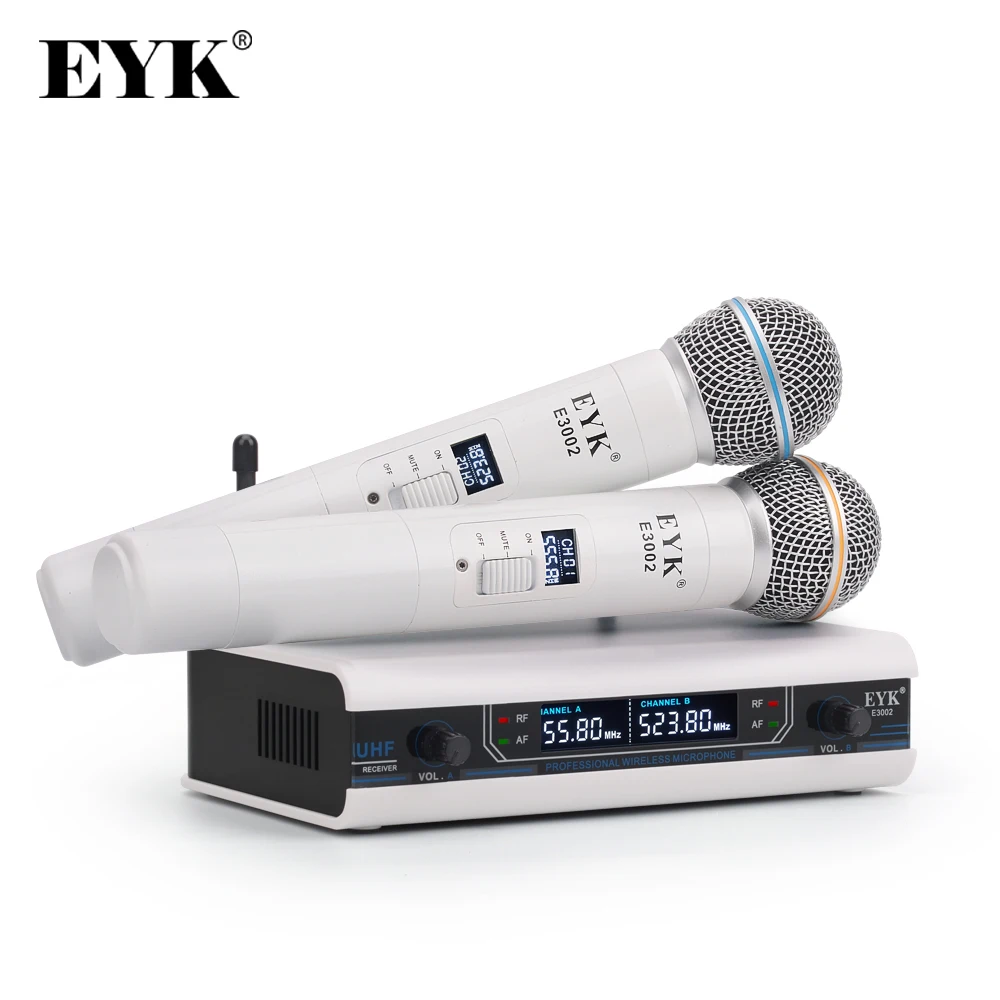 

EYK E3002 Professional UHF Karaoke Wireless Microphone System Long Range Dual Metal Handheld Mic Transmitter with MUTE Function
