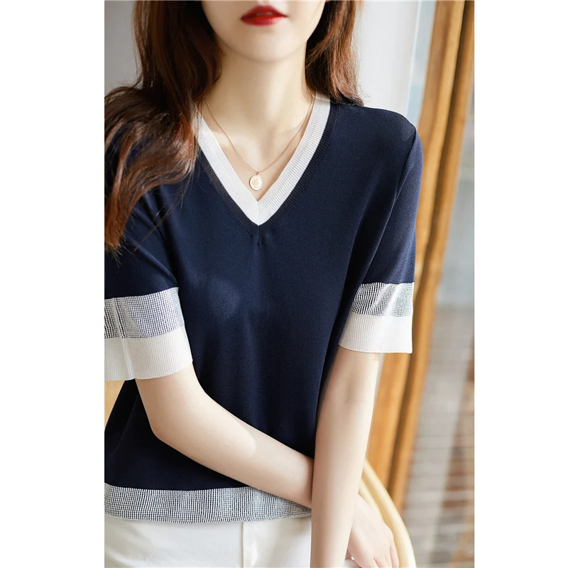 

row 10, No. 2, middle] non real shot net red picture, V-neck color matching short sleeve knitted T-shirt [1637] 30