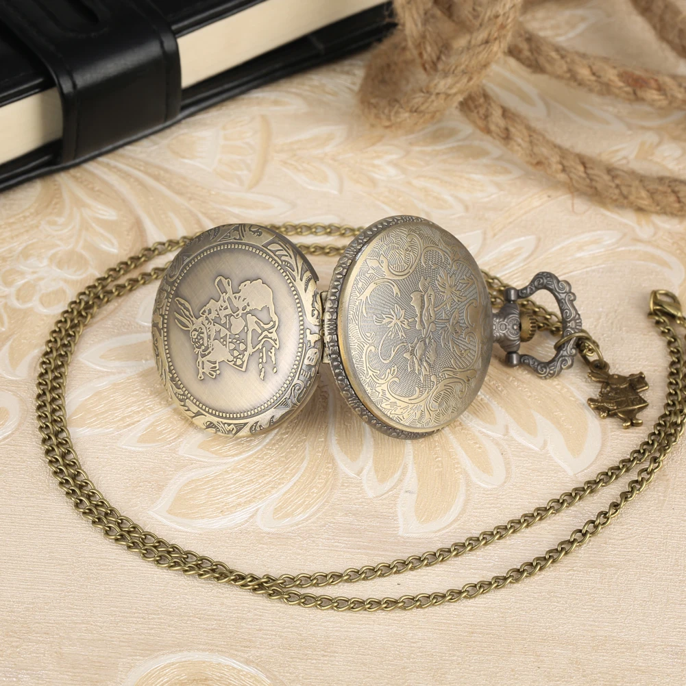 Ретро бронзовые карманные часы Кварцевые ожерелье цепь стимпанк кролик узор римские цифры Циферблат кулон часы для мужчин женщин часы