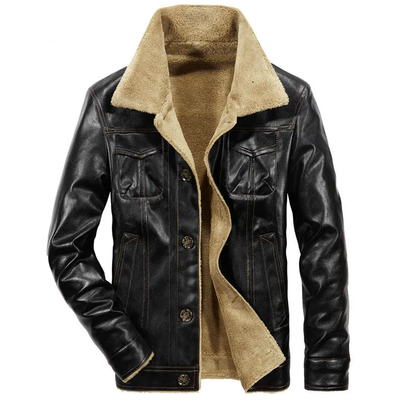 

2019 Fleece Leather Jacket Winter Solid Tactical Mens Reflective Jacket Thick Warm Pilot Jacket Male Fur Collar Jacket Clothing
