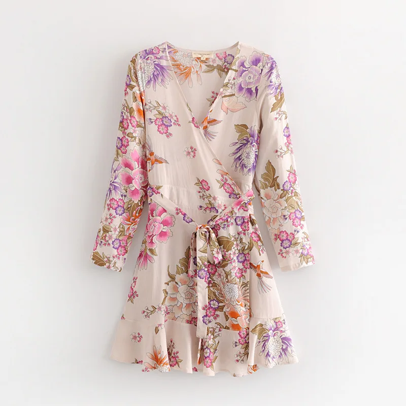 

2018 Spring And Summer Bohemian Flowers And Birds Printed Wrap-Style Bandage Cloth Fan Dress Women's V-neck Short Skirt 6064