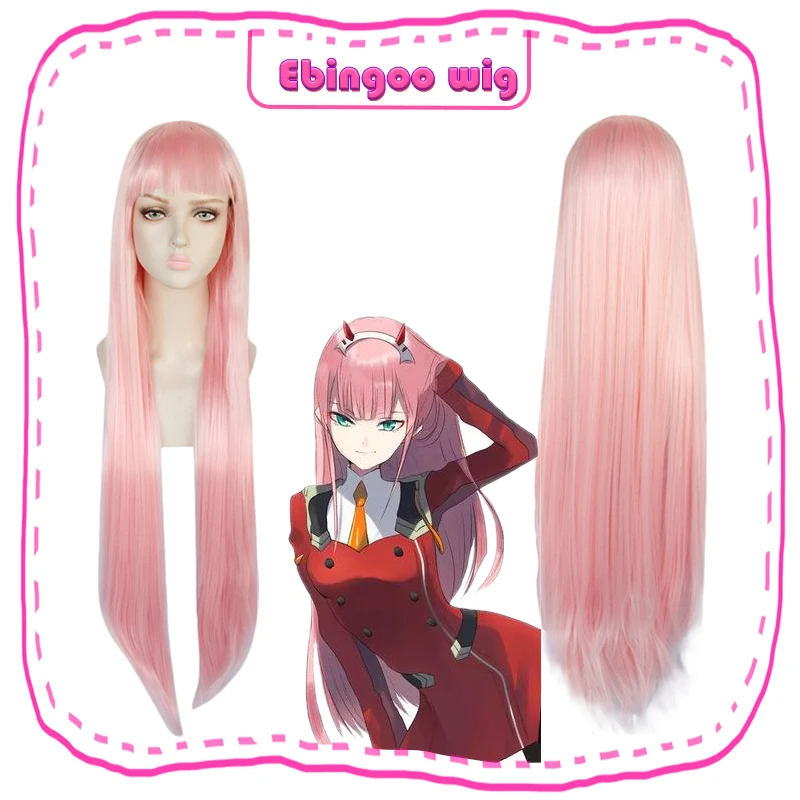 Ebingoo Hair cap+ DARLING in the FRANXX Zero Two 02 Длинный натуральный прямой розовый синтетический парик для косплея с челкой для женщин - Цвет: DM1707562