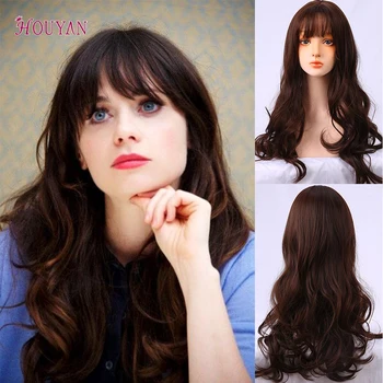 

HOUYAN 22 Inch Long Wave Synthetic Wig for Women Ombre Black Brown Cosplay Wigs with bang High Temperture Fiber False Hair