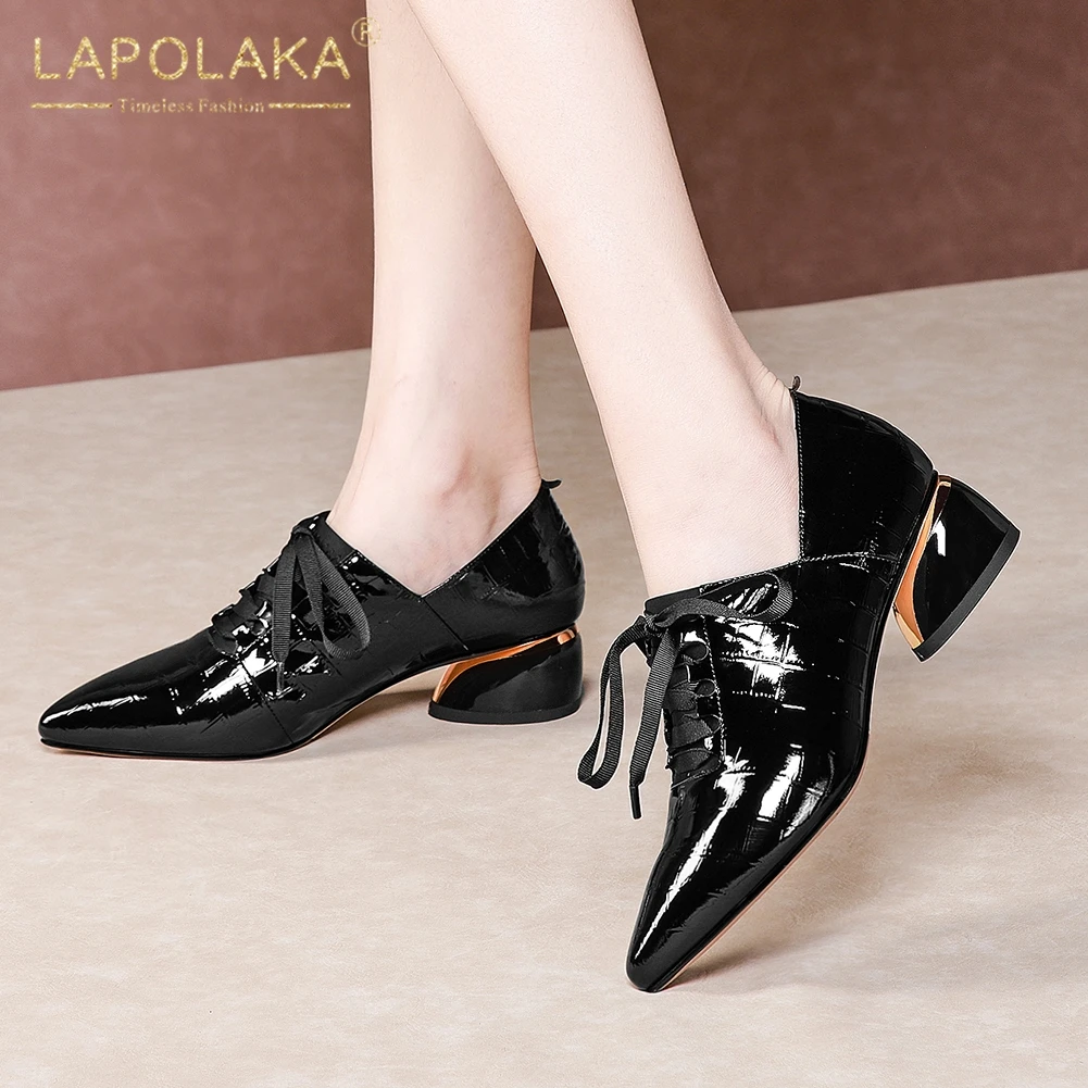 

Lapolaka 2020 Hot Sale Patent Leather Hoof Heels Pumps Woman Shoes Pointed Toe Lace-Up Spring Shoes Women Pumps Female