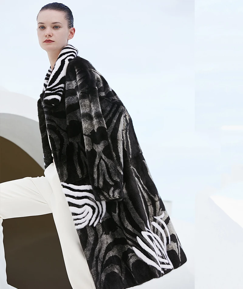 Ftangaiur Winter Import Velvet Mink Fur Coat Contrast Color Striped Mink Coat Women's X-Long Natural Real Mink Fur Coats