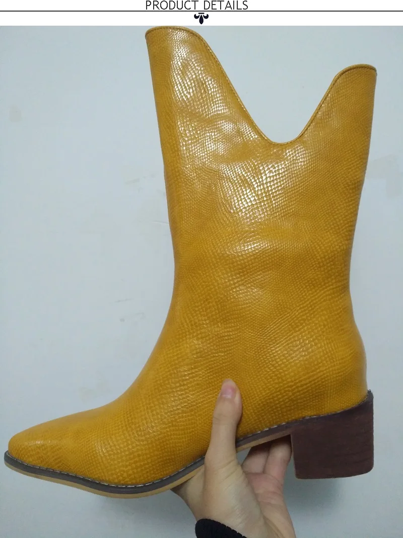EGONERY/красивые ботинки до середины икры женская обувь с острым носком желтого, серебристого, серого, синего, белого цвета размеры 34-46, Осенние ковбойские ботинки на каблуке 5 см