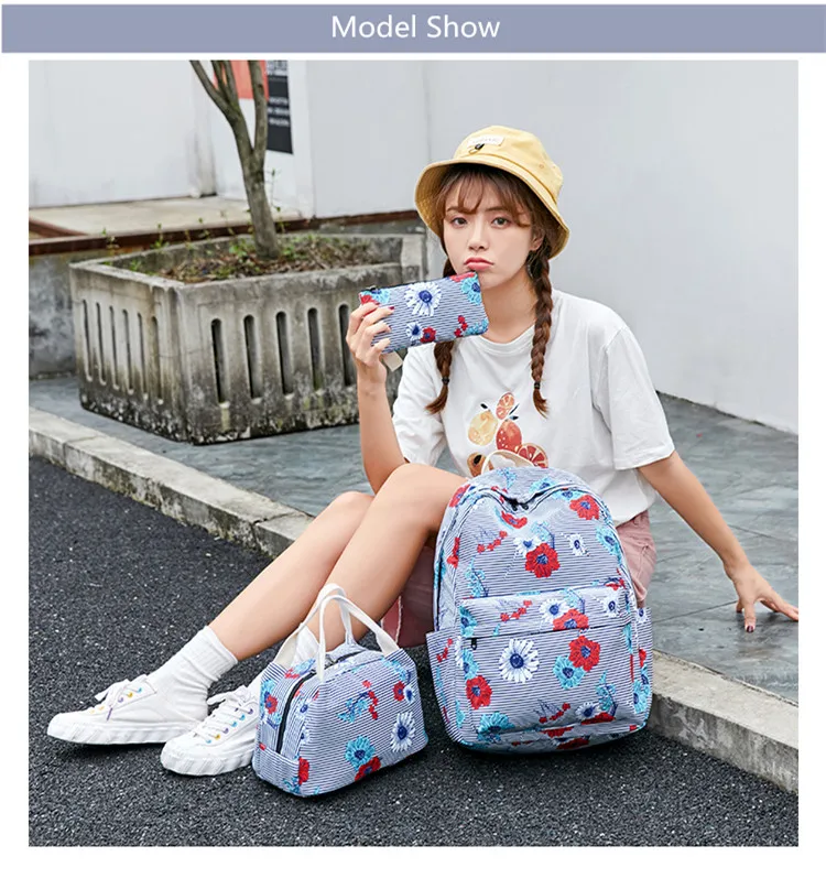 FengDong школьные сумки для девочек-подростков, цветочный школьный рюкзак, набор, Синий Полосатый Цветочный рюкзак для девочек, водонепроницаемая тканевая сумка для книг