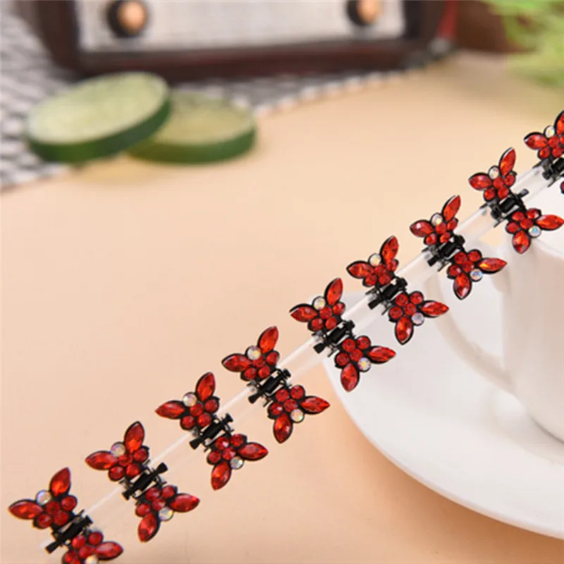 Red 12 Pcs/Set Small Butterfly Shape Crystal Rhinestone Hair Claws Sweet Metal Hair Crab Clip For Women Headwear Hair Accessoires - Цвет: Red