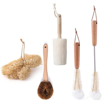 

Kitchen Cleaning Brush with Handle Set of 5 for Dish Bottle Vegetable Pan Pot Cleaning, Wood Handles Kitchen Brush Dish
