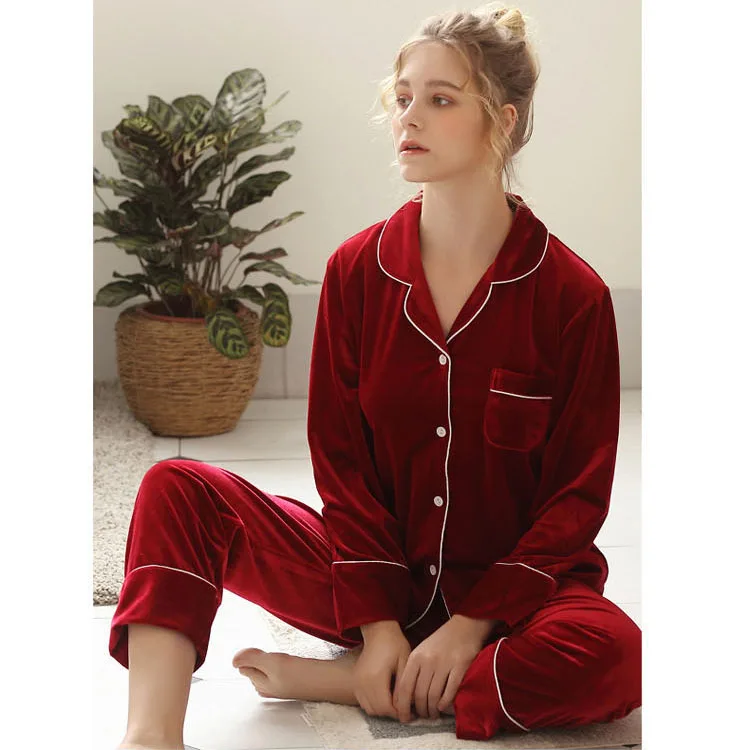 CAVME 2 Red Women Пижамные комплекты для пар, велюровые пижамы, зимние пижамы, одноцветные, 2 штуки, полный рукав, штаны размера плюс - Цвет: CAVME 2 Red Women