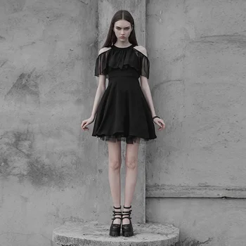 

PUNK RAVE Women's Chiffon Silk Dress Hollow Out Shouder Low-Neck Stage Performance A Pendulum Skirts