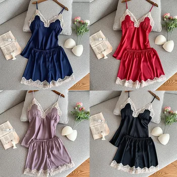 

Fashion Silk Satin Pajama Sets For Women 2 Pieces Tops + Shorts Pyjama Femme Lace Sexy Lingerie Sleepwear Pijama Home Suit