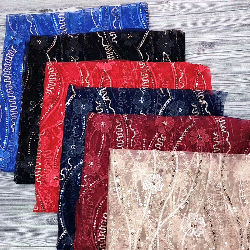 

GLace 1Y/Lot flower embroidery soft mesh transparent sequins fabric by the yard fow gilr dress Evening cloth accessories TX1356