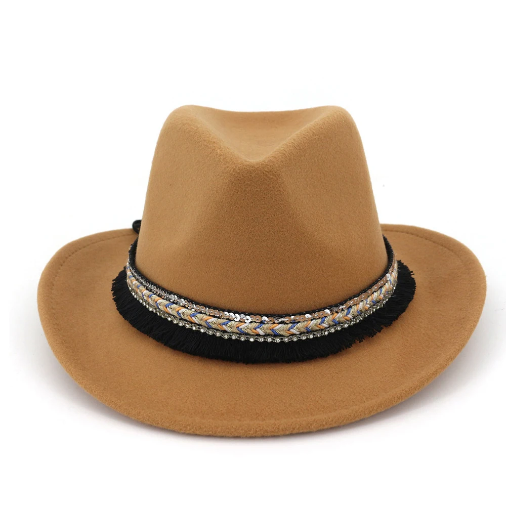 Мужская Женская шерстяная ковбойская шляпа Weatern с бахрома на ленте Sombrero Hombre широкий джазования с полями шляпа размер 56-58 см