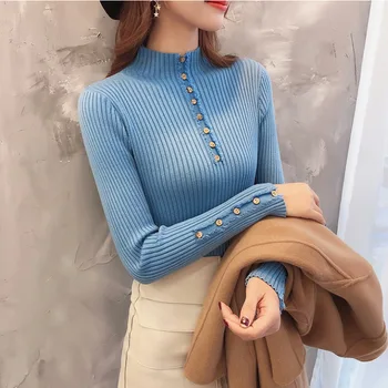 

New Fashion Slim Sweaters Turtleneck Buttons Womens Sweater Elastic Solid Slim Knitting Pullovers Jumpers Tops