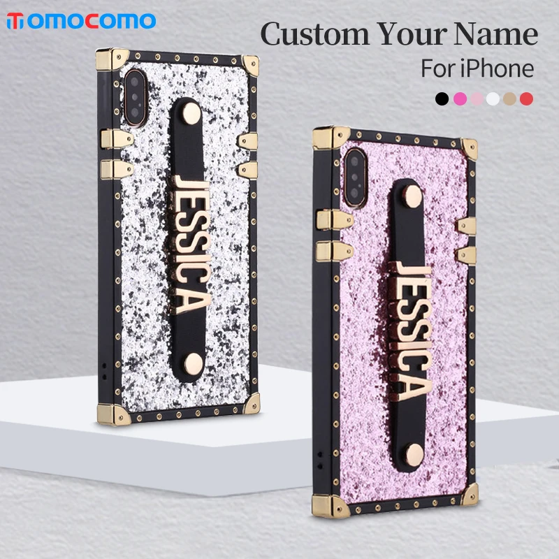 

Custom Glitter Trunk Case Holding Strap Gold Metal Personalized Name Phone Case For iPhone14 14ProMax 14Plus 13Promax 13 12 11
