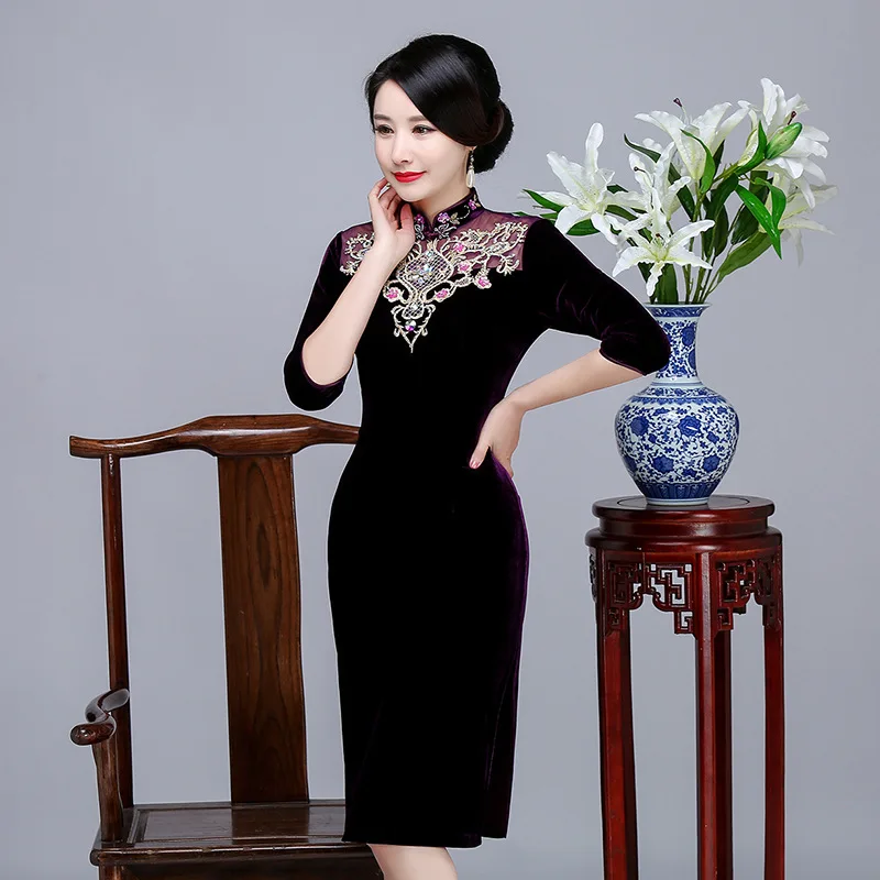 Элегантное женское вечернее платье, винтажное, с бусинами, цветами, Qipao, сексуальное, бархатное, Cheongsam, велюровое, с высоким разрезом, новинка, облегающее, Vestidos