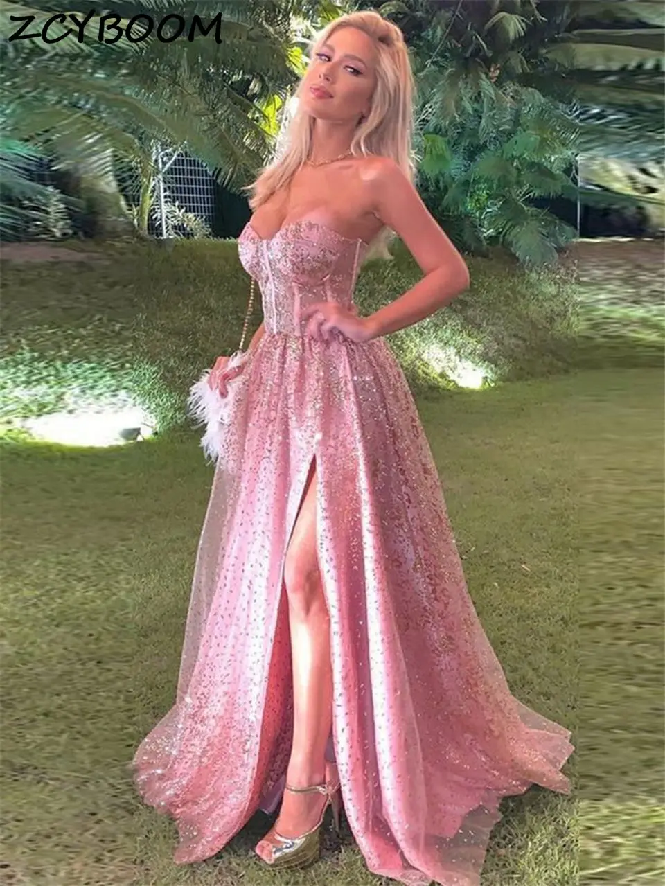 Sexy Strapless Pink Split Prom Dresses 2022 New Women Formal Party Night Vestidos De Gala Shiny Sequins Graduation Evening Gowns | Свадьбы и