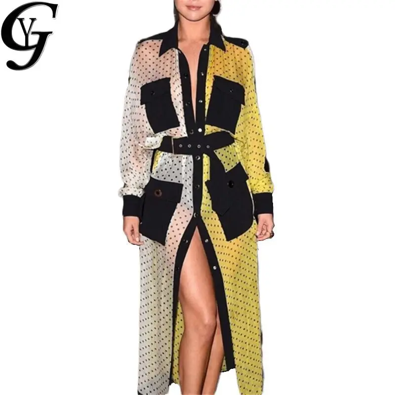 

Ulzzang Polka Dot Cardigan Long Dresses Women Sexy Split Button Up with Pockets Boho Maxi Shirt Dress Fashion Patchwork Vestido