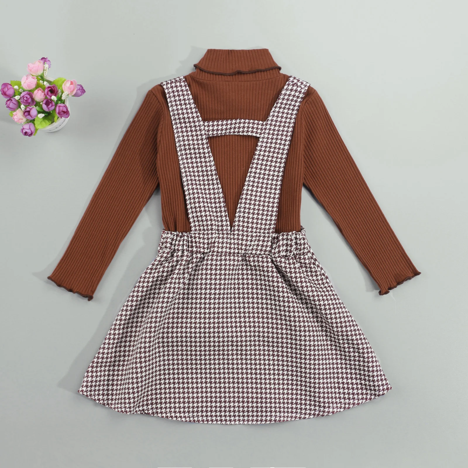 Girls Clothing Set Autumn Fashion Clothes Set 2 Pieces Suit Solid Turtleneck Tops + Plaid Suspender Skirt Kids Sets 1-6Y