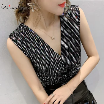 

Spring Summer 2020 Shiny Vest Tank Tops Women Sequined Diamonds V-neck Ruched Slim Fashion T shirt Female T02413B