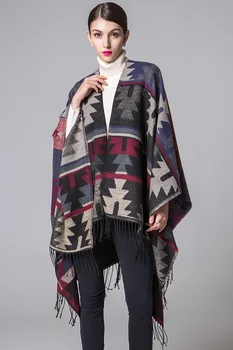 

Winter Scarf Warm Poncho and Cape Women Geometric Cloak Shawl Imitation Cashmere Pashmina National Wind Fork Cloaks Wraps Mujer