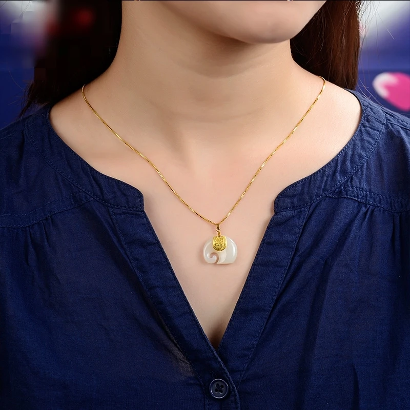 2021 Vintage White Hetian Jade Elephant Pendant 18K Gold Plated Chain Necklace Stainless Steel Sapphire Choker Jewelry for Women - Image 3