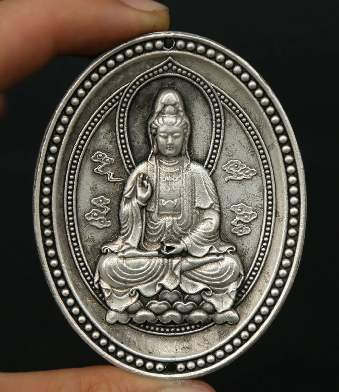2.6" Chinese Miao Silver Buddhism Kwan-yin Guan Yin Boddhisattva Amulet Pendant