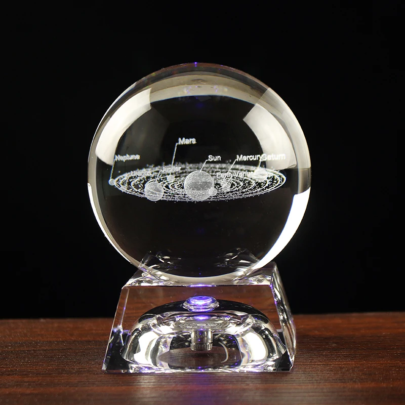 Clear Crystal Ball 3D Clear Glass Engrave Solar System+LED/Metal Base Home Decor 