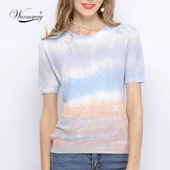 

Women Summer T Shirt Short Sleeve Rainbow Knitted T-Shirt Femme Slim Tops B-026