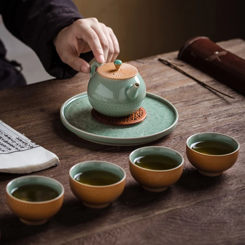 

Селадон ручной прыжок вырезать чайный набор кунг-фу маленький комплект домашней одежды одежда керамический чайник чайная чашка Высококачественная офисная наружных осветительных приборов