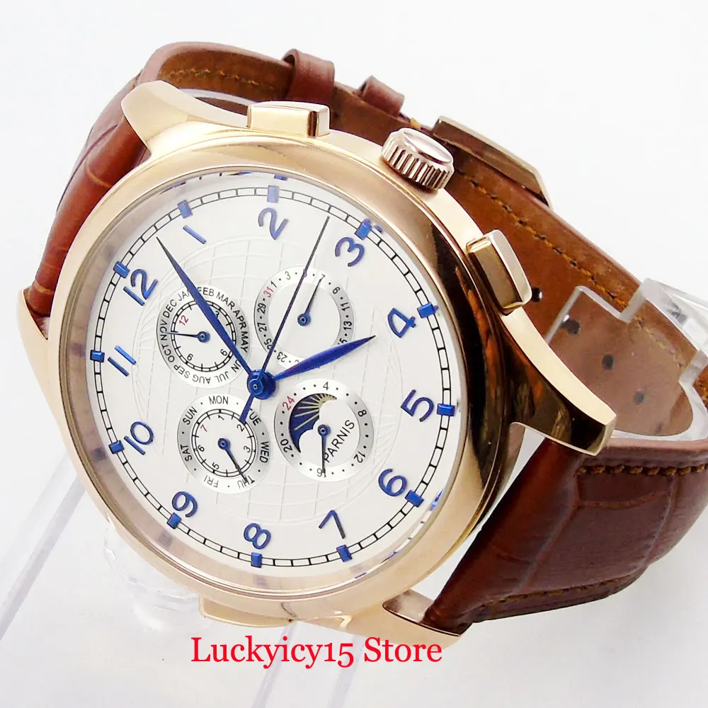 PARNIS многофункциональные мужские часы Moon Phase Дата месяц индикатор Золотой корпус 44 мм наручные часы