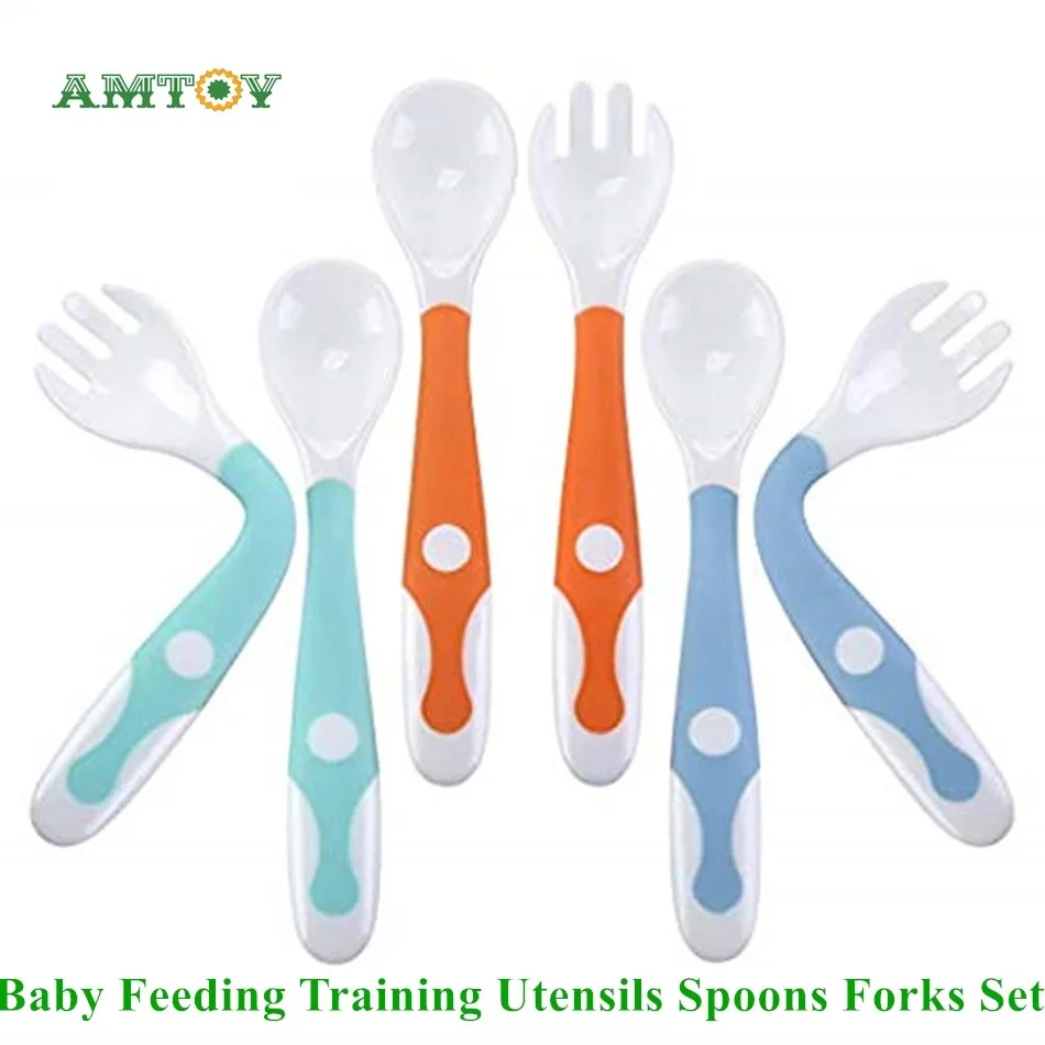 

Heat-Resistant Bendable Baby Feeding Training Utensils Spoons Forks Set BPA Free Self-Feeding Learning Spoons Forks for Toddlers