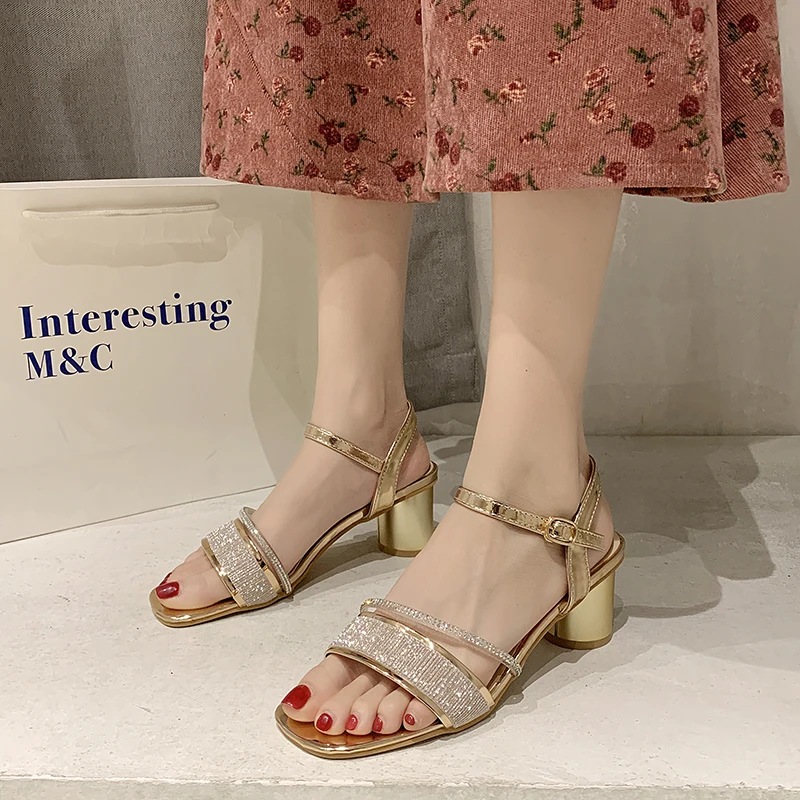 

Free shipping 2020 summer casual fashion wild rhinestone sexy open toe high heels women red bottom shoes zapatos de mujer PU