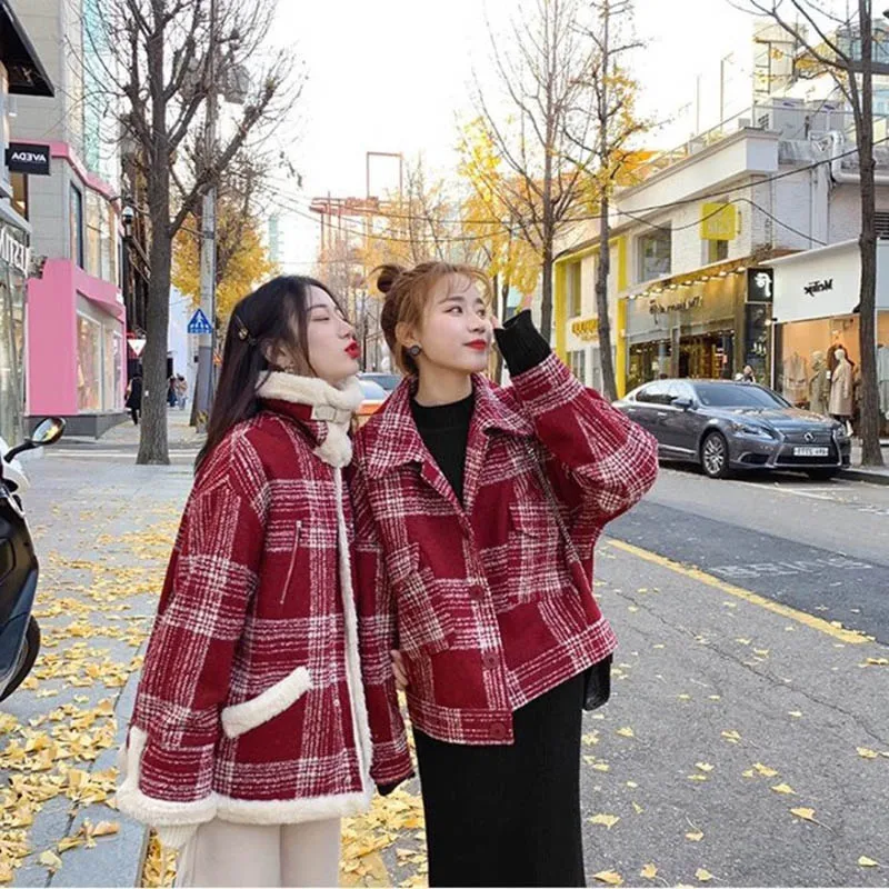 

Женское пальто из овечьей шерсти 2021, осенне-зимняя верхняя одежда в клетку, теплая флисовая куртка, плотное короткое пальто с отложным воротником, Женская плюшевая куртка