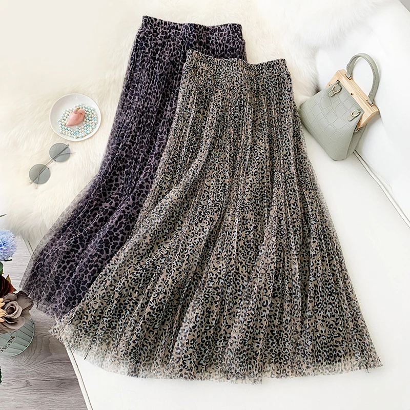

Wasteheart Purple Khaki Women Skirts High Waist Ball Gown Feather Leopard Mid-Calf Skirt Mesh Clothing A-Line Long Skirts