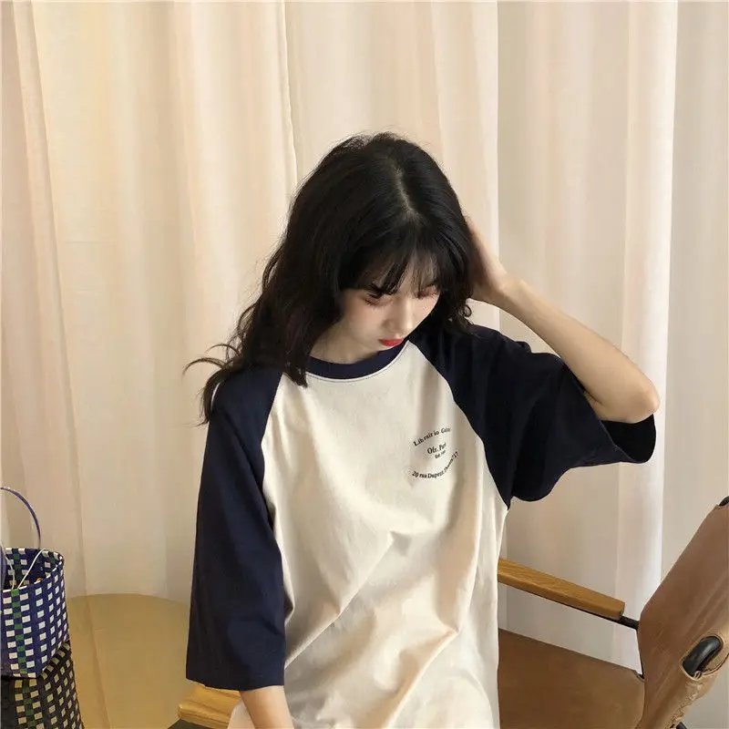 Women 5 Quarter Short Raglan Sleeve T-shirts Casual Patchwork Loose PopularO-neck Lazy Korean Style Simple Vintage584_voghion.com