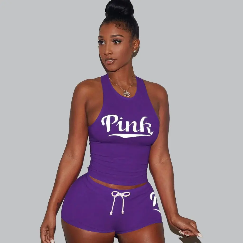 

2018 Casual PINK Letters 2 Piece Set Women Solid Printed O-Neck Short Sleeve Sexy Top Short Pants Bodycon Set Sportwear Dropship
