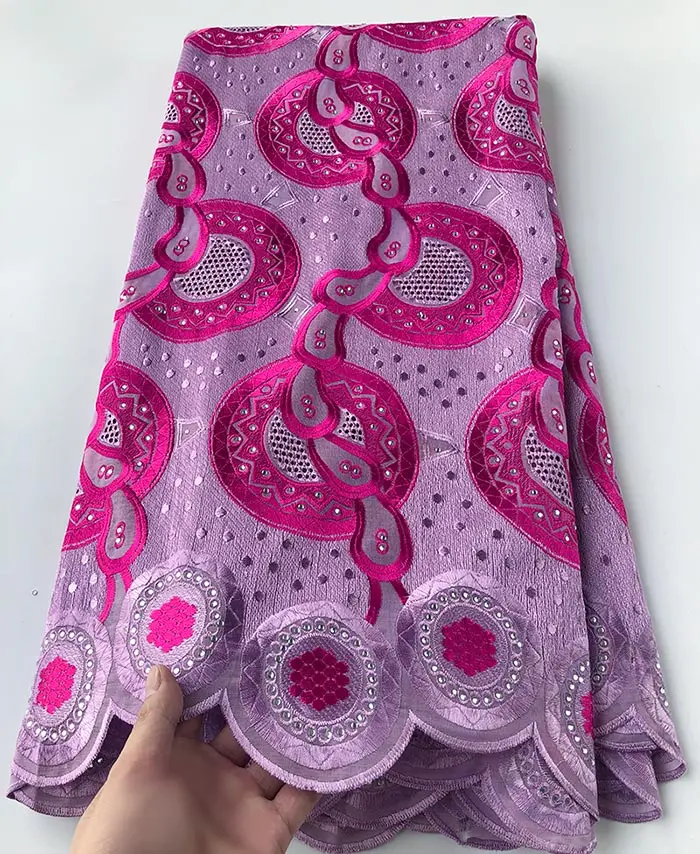5 ярдов полная вышивка африканская швейцарская вуаль кружевная ткань с дышащими отверстиями камни мягкие высокого качества - Цвет: Lilac Fushia