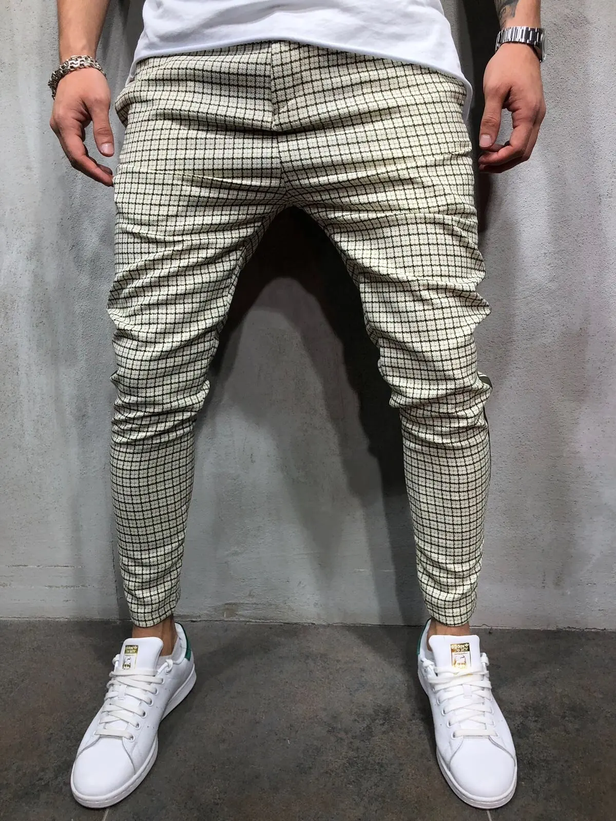 Slim Fit Fashion Casual Sports Striped Side Webbing Trousers Plaid Trousers Men Streetwear Pantalones Hombre Pencil Sweatpants