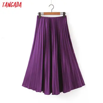

Tangada women purple pleated midi skirt faldas mujer vintage office ladies elegant chic mid calf skirts SL196