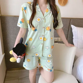 

New Summer Ladies Silk Flower Print Pajamas Suit Button Casual Wear Suit M-XL 2020 New Arrival