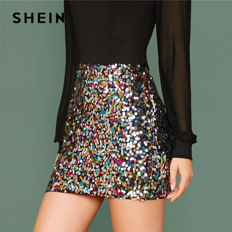 Goede SHEIN Multicolor Glamorous Kleurrijke Sequin Rokken Womens Lente Herfst Nightout Mid Taille Party Bodycon Mini Rok