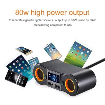 

12V DC Car Cigarette Lighter Adapter 2 Way Double Plug Socket Dual USB LCD Car Charger Splitter Voltage Monitor