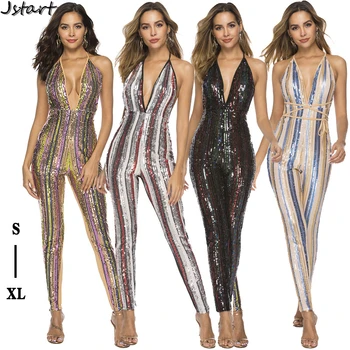 

Sexy Women Jumpsuit Nightclub Women's Colorful Striped Sequin Straps Open-back Bodysuit Skinny Romper S-XL