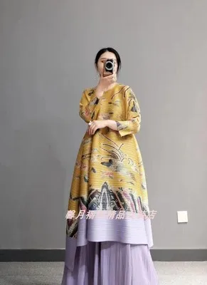 Горячая Miyake fold три четверти печати длинное платье+ Твердые широкие брюки костюм - Цвет: Лаванда
